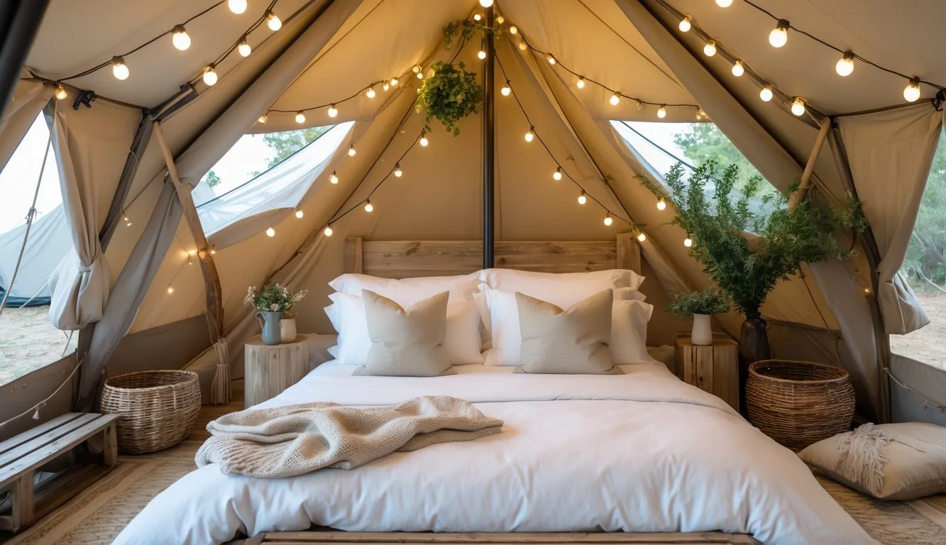 Interior of a glamping tent with string fairy lights hung above the bed.
