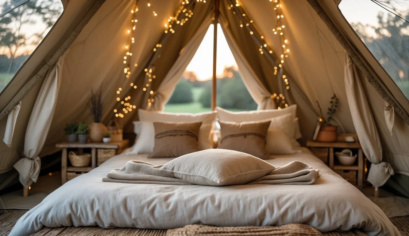 Interior of a glamping tent with string lights hung above the bed.