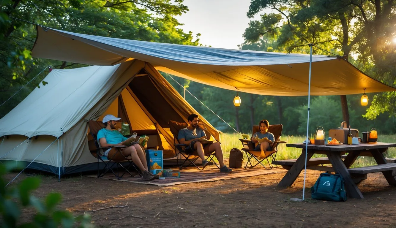 A welcoming tent interior with a soft, colorful rug spread across the floor, instantly making the space feel cozy and inviting. The rug features vibrant patterns and sits beneath a pair of comfy sleeping bags or camp chairs, with a small lantern or book nearby to add a homey touch. At the tent entrance, a second rug or runner helps keep dirt out and adds another pop of color. Outside the tent, a rolled yoga mat or lightweight rug offers extra comfort underfoot. The overall scene conveys warmth, relaxation, and a touch of glamping style, showing how simple rugs can transform a basic campsite into a cheerful, comfortable retreat.