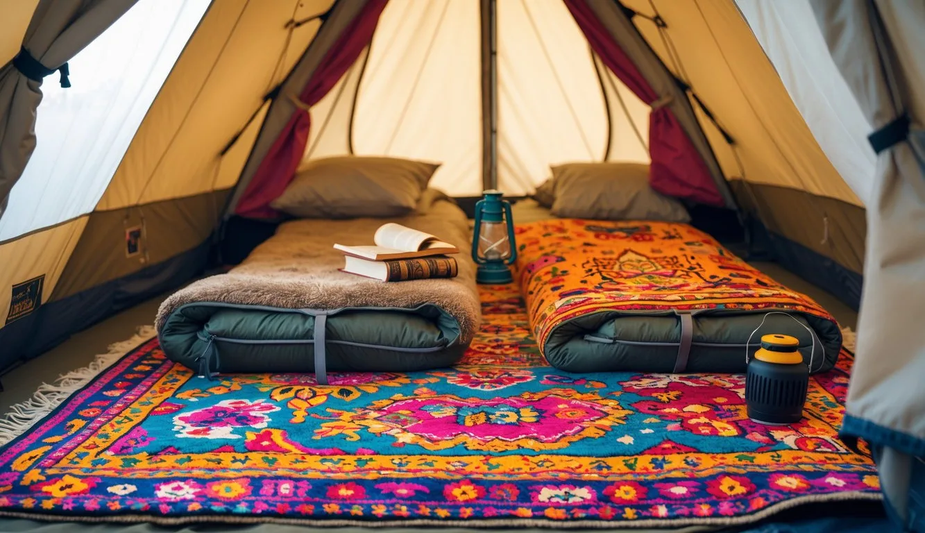 A welcoming tent interior with a soft, colorful rug spread across the floor, instantly making the space feel cozy and inviting. The rug features vibrant patterns and sits beneath a pair of comfy sleeping bags or camp chairs, with a small lantern or book nearby to add a homey touch. At the tent entrance, a runner helps keep dirt out and adds another pop of color. The overall scene conveys warmth, relaxation, and a touch of glamping style, showing how simple rugs can transform a basic campsite into a cheerful, comfortable retreat.