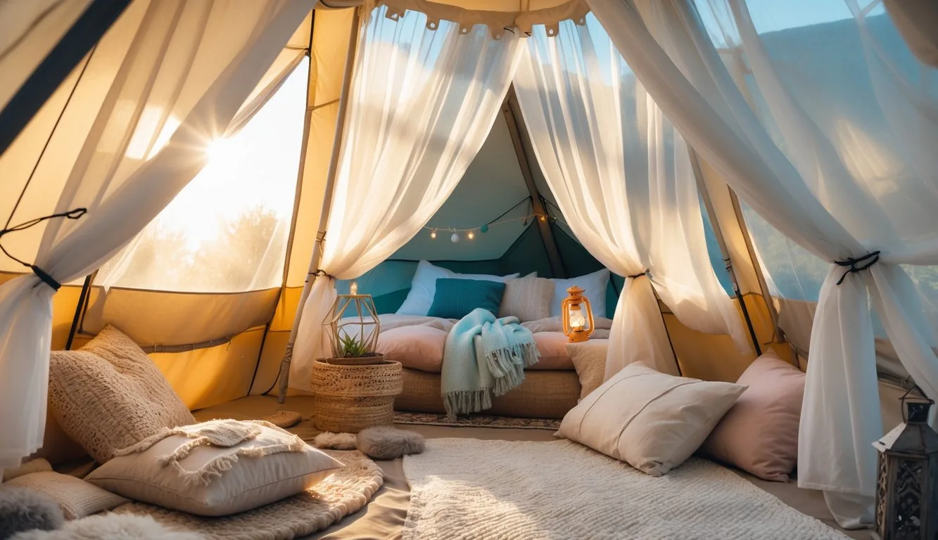 A dreamy glamping tent transformed with lightweight, sheer curtains draped along the interior sides, softly filtering sunlight and creating a magical, fairy tale atmosphere. The curtains are hung using simple DIY methods like bungee cords, safety pins, or zip ties, and some panels gently billow in the breeze. The tent is cozy and inviting, with plush pillows, blankets, and a few decorative touches like string lights or lanterns. The overall look is relaxed and whimsical, showing how easy it is to add a touch of elegance and personality to a basic camping setup with sheer, flowing curtains.