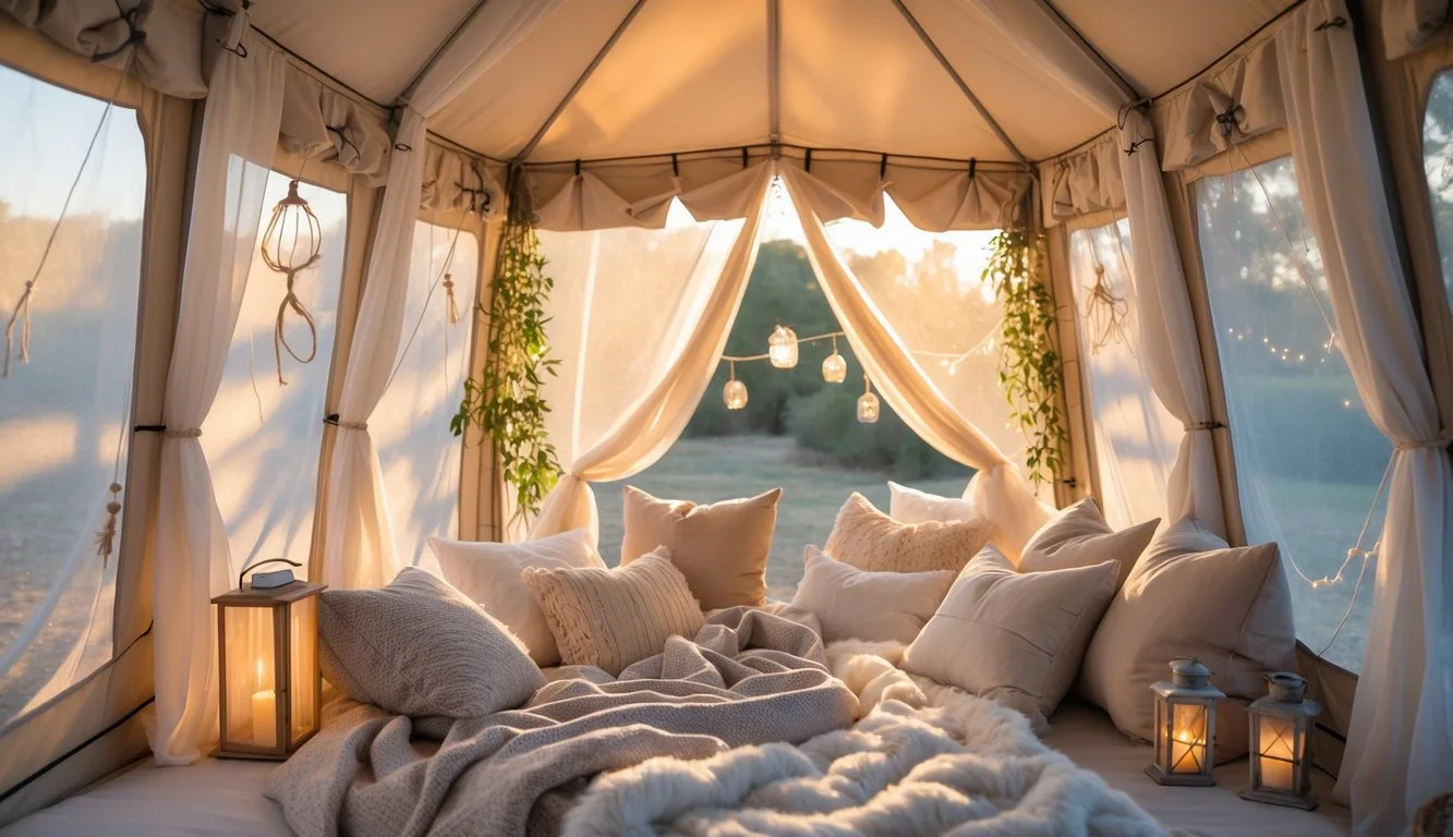 A dreamy glamping tent transformed with lightweight, sheer curtains draped along the interior sides, softly filtering sunlight and creating a magical, fairy tale atmosphere. The curtains are hung using simple DIY methods like bungee cords, safety pins, or zip ties, and some panels gently billow in the breeze. The tent is cozy and inviting, with plush pillows, blankets, and a few decorative touches like string lights or lanterns. The overall look is relaxed and whimsical, showing how easy it is to add a touch of elegance and personality to a basic camping setup with sheer, flowing curtains.