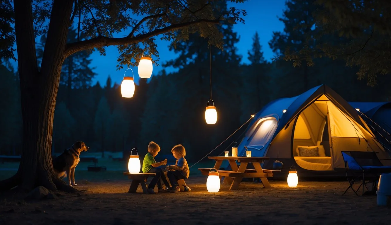 A cozy nighttime campsite scene featuring several battery-operated lanterns softly illuminating the area. Lanterns hang from tree branches, the tent entrance, and sit on a picnic table, casting a gentle, inviting glow perfect for evening relaxation, games, or reading. The campsite looks safe and welcoming, with campers enjoying the warm light without any open flames. Include details like kids or pets nearby, and show the ease of moving lanterns around the site. The overall atmosphere is peaceful and convenient, highlighting how battery-powered lanterns add both comfort and safety to outdoor adventures.