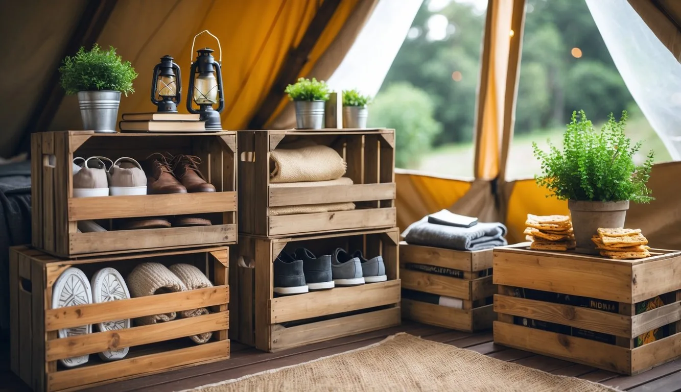 A cozy glamping setup featuring a couple rustic wooden crates (no more than three) used as versatile storage and decor. Some crates are stacked to create shelves holding lanterns, books, or small potted plants, while others store shoes, extra blankets, or snacks. The crates are lined with fabric or burlap for a soft, inviting touch, and a few are painted or stained to add personality and style. The scene feels warm and organized, blending both indoor and outdoor elements, and shows how wooden crates add charm and practicality to any campsite or glamping area.