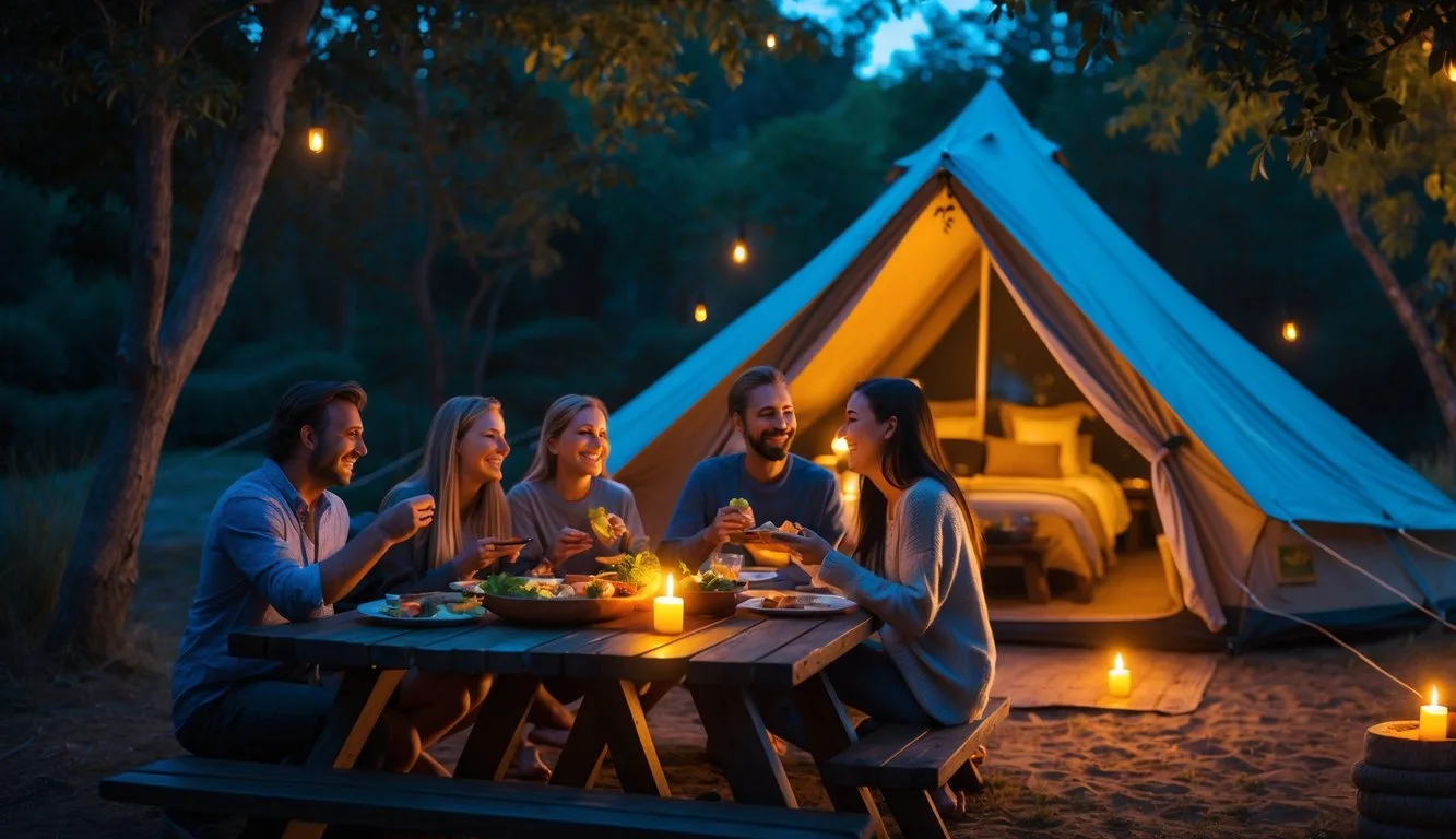 A cozy glamping campsite in the evening, with a citronella candle placed on a picnic table and another one near the tent entrance. The gentle candlelight creates a warm, inviting glow, while campers relax, enjoying food and conversation without swatting at bugs. The overall atmosphere is relaxed and bug-free, highlighting how simple mosquito-repellent solutions can make outdoor evenings magical and enjoyable.