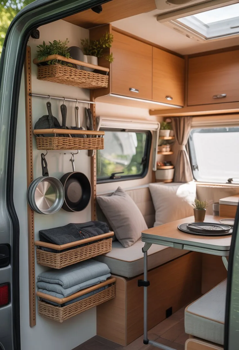 Interior of a small camper with vertical shelves and organizers holding camping gear and clothes, showing a neat and organized living space.