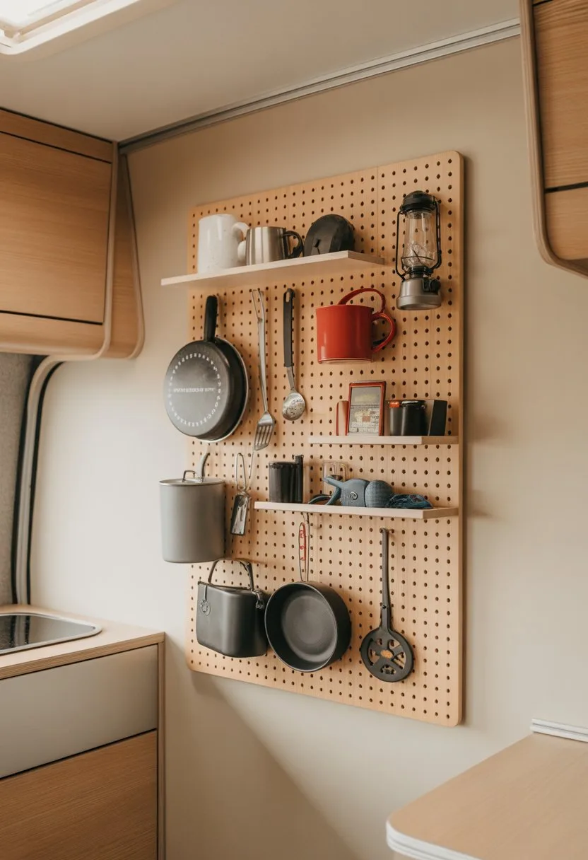 Pegboard mounted on a camper wall with hooks and shelves holding cooking utensils and camping gear.