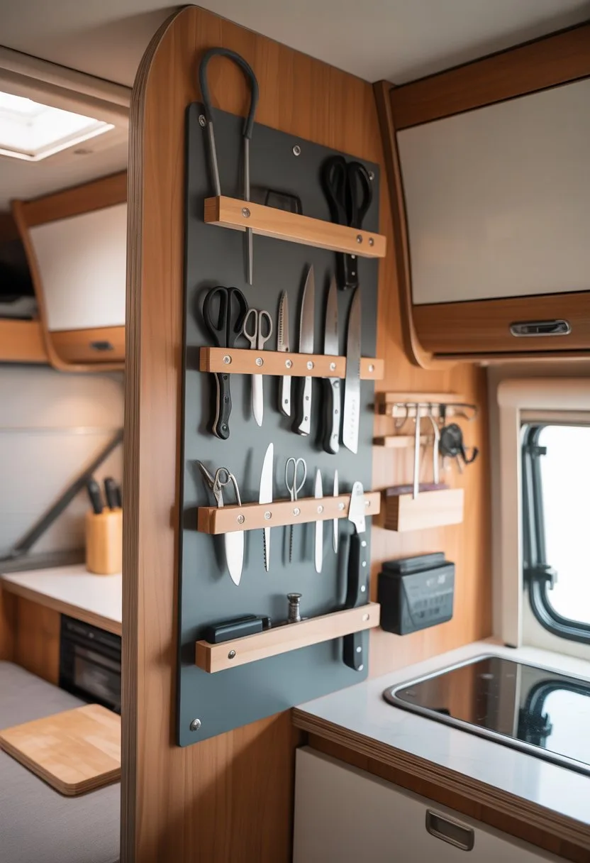 A small camper kitchen with magnetic strips mounted on a wooden panel holding knives, scissors, and metal tools to save drawer space.