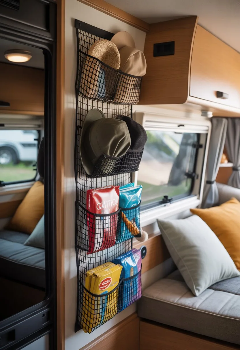 Interior of a small camper with a wall-mounted mesh net holding hats, gloves, and snacks.