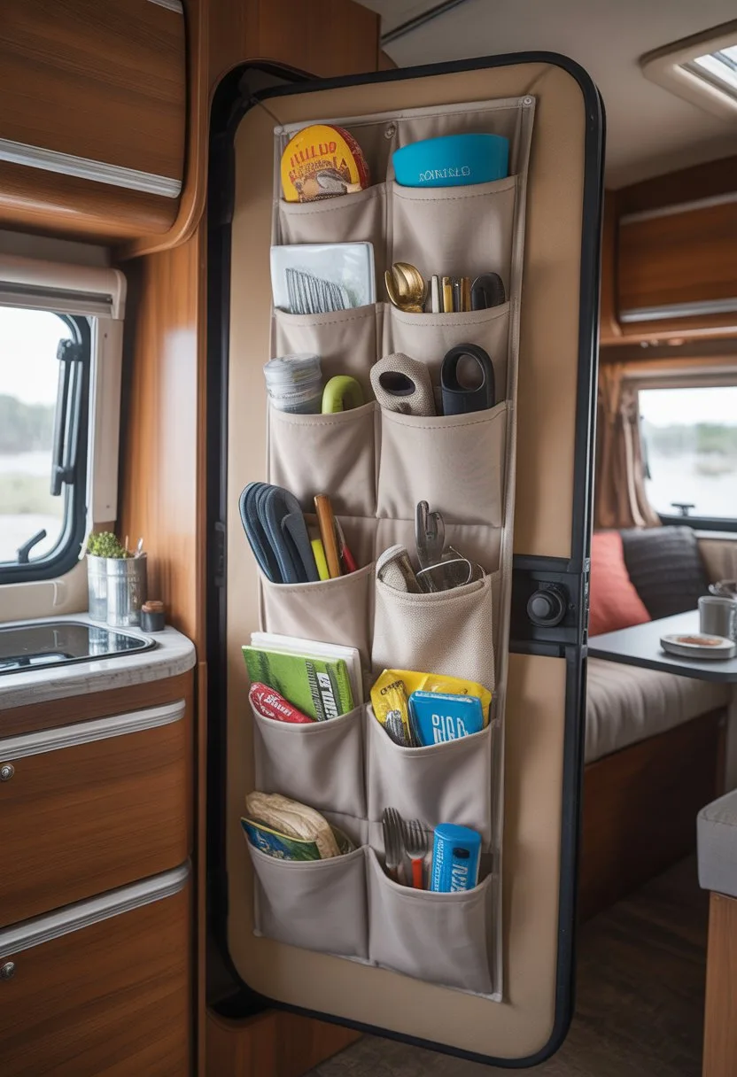A small camper interior with a vertical shoe organizer hung behind a door holding camping supplies.