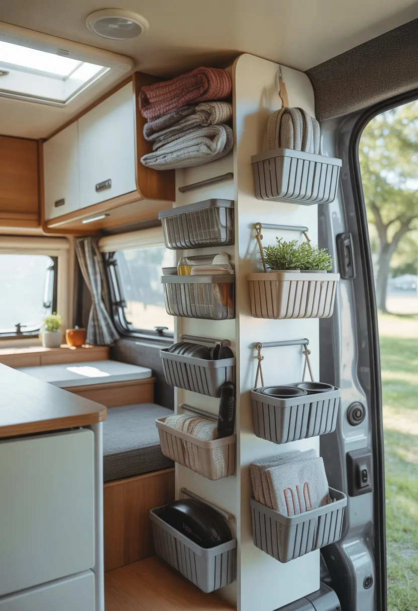 Interior of a small camper with vertical storage shelves and organizers holding camping supplies, blankets, and cookware.