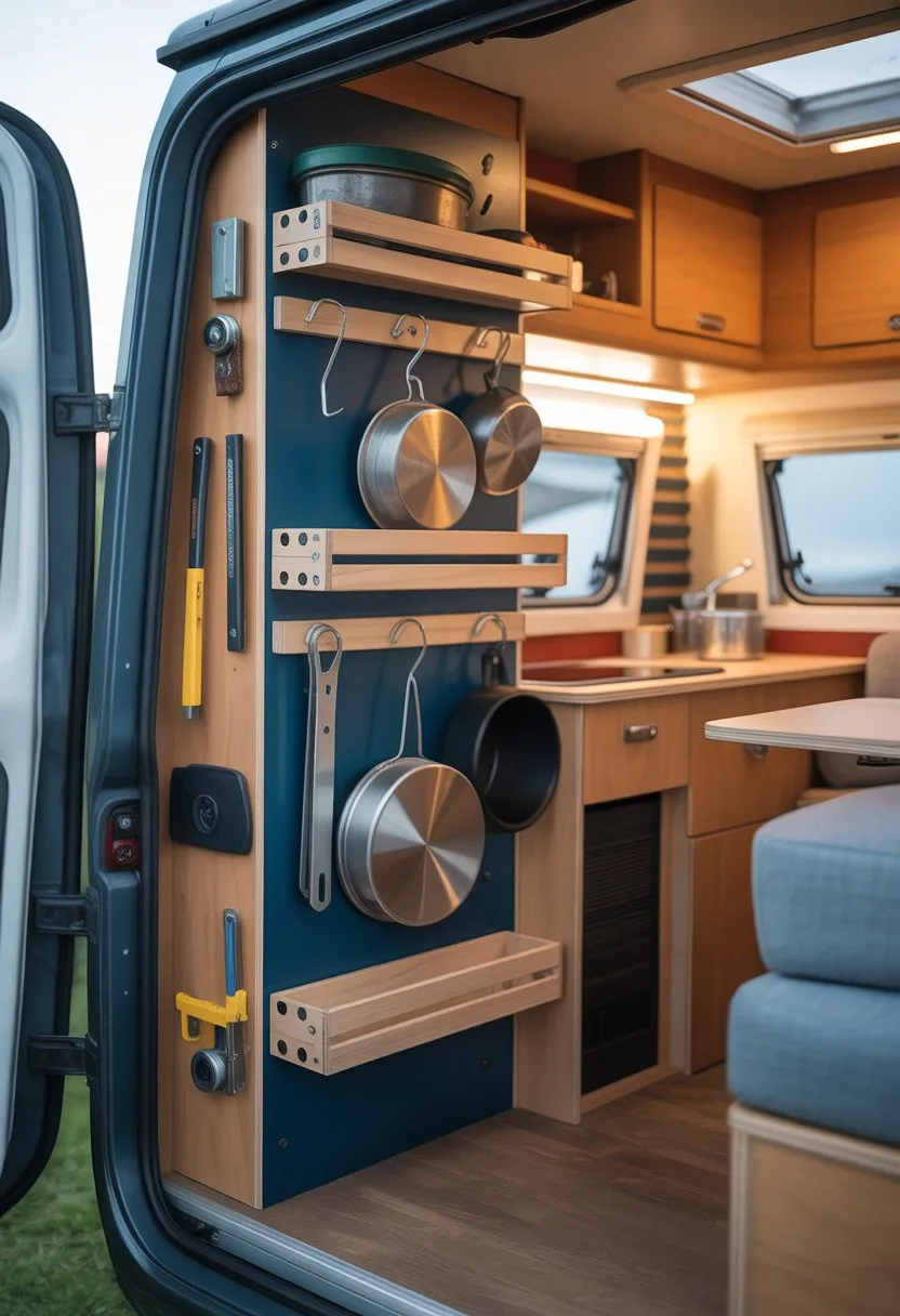 Interior of a small camper showing vertical storage shelves with camping gear neatly organized using fasteners.