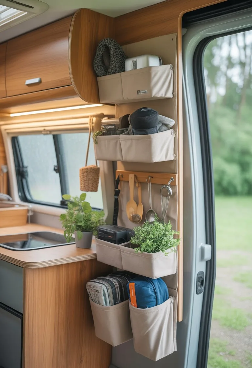 Interior of a small camper with vertical shelves and hanging organizers holding camping gear and kitchen items.
