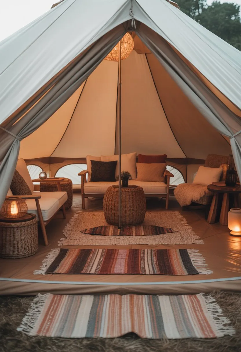 Interior of a glamping tent with layered cozy rugs on the floor, comfortable seating, and warm ambient lighting.