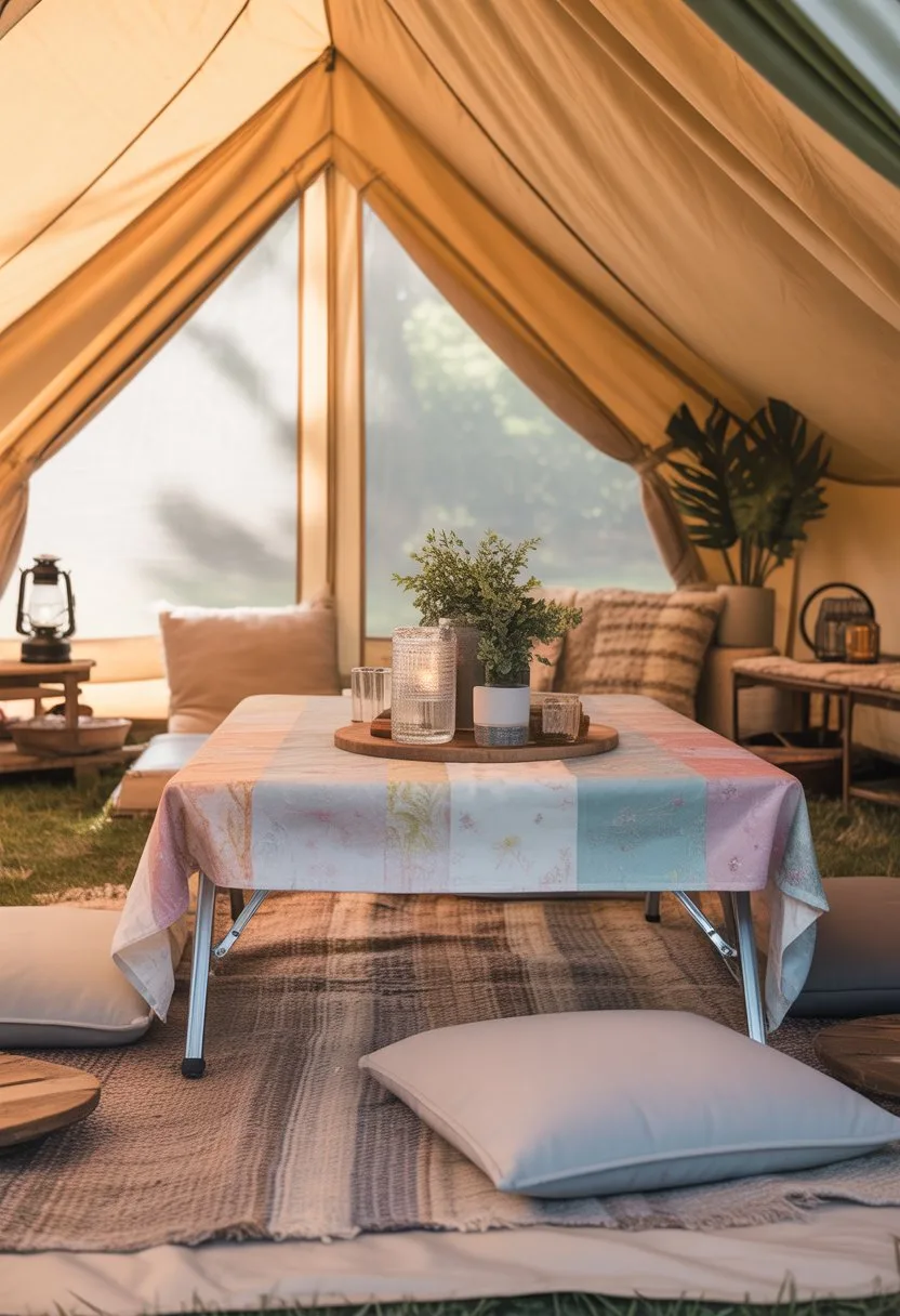Lightweight aluminum folding table covered with colorful fabric inside a cozy glamping tent, surrounded by cushions and rustic decor.