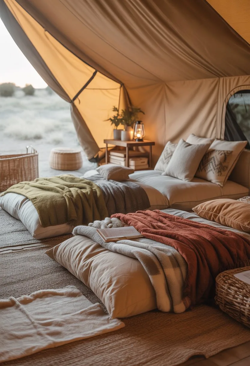 Interior of a glamping tent with thick blankets and cushions arranged on the floor, warm lighting, wooden accents, and plants creating a cozy atmosphere.