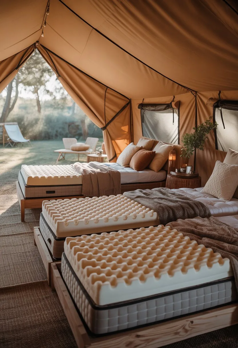 Interior of a glamping tent with large foam mattress toppers on beds, cozy blankets, pillows, and rustic wooden accents.