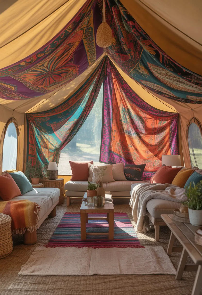 Interior of a glamping tent with colorful tapestries hanging on the walls and cozy furnishings inside.