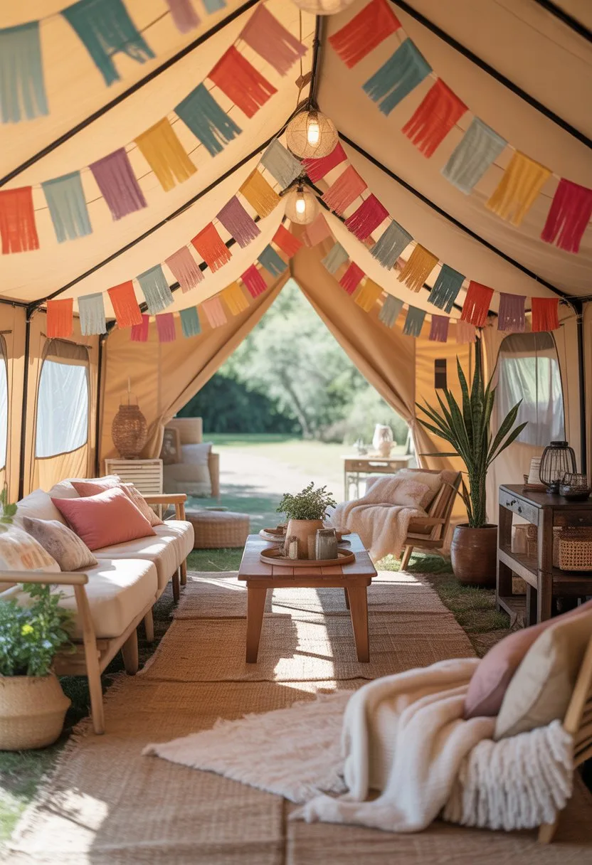 Interior of a glamping tent with colorful fabric banners hanging from the ceiling, cozy seating, and decorative elements.