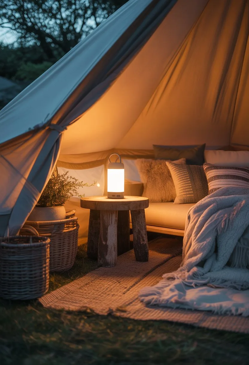 Interior of a glamping tent at night with a small lamp lighting a cozy reading area featuring cushions and blankets.