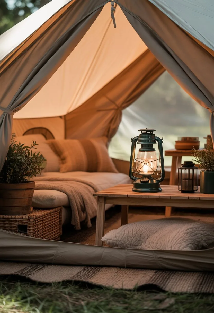 Interior of a cozy glamping tent with a vintage lantern casting soft light over blankets and cushions.