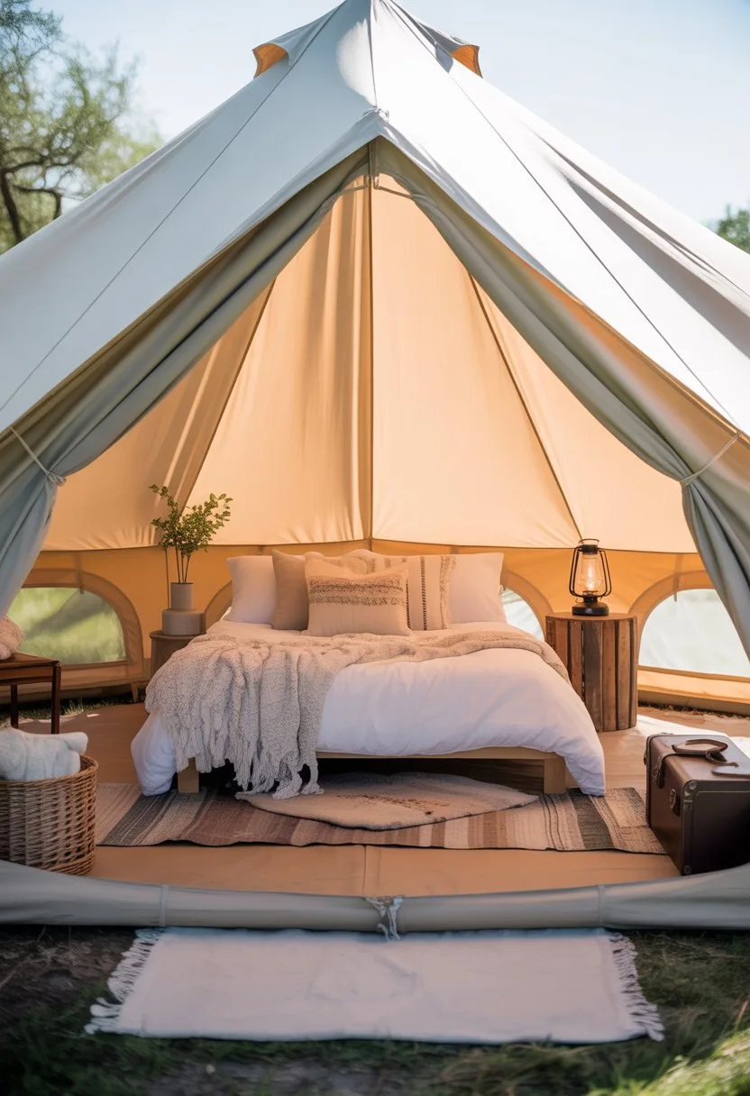 Interior of a canvas bell tent with a cozy bed, wooden furniture, rugs, and plants, set in a natural outdoor environment.
