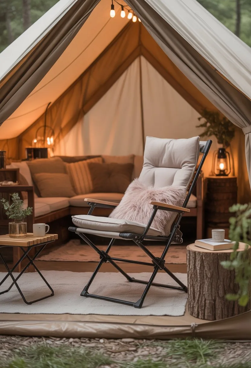 Interior of a glamping tent with a foldable camping chair featuring plush cushions, surrounded by cozy decor and soft natural light.