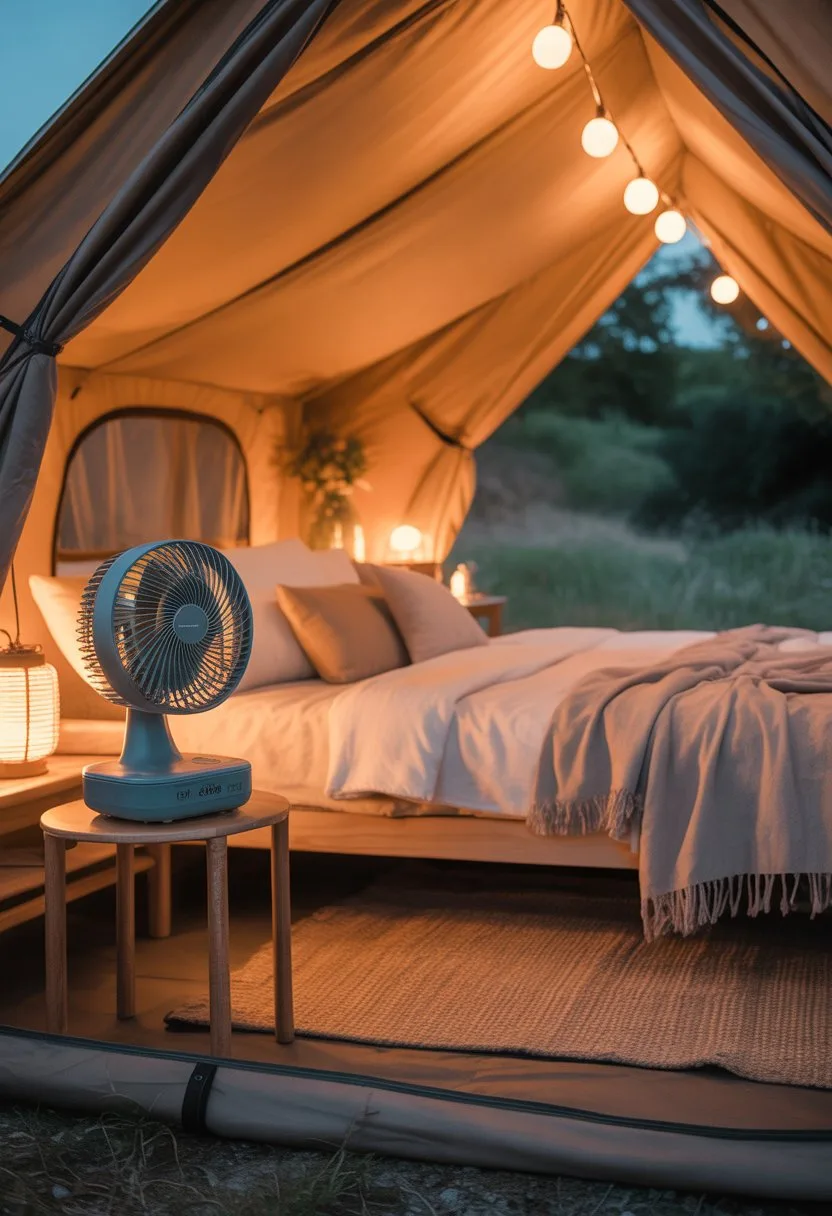 Cozy glamping tent interior at night with a portable mini fan on a side table next to a bed, softly lit by string lights.