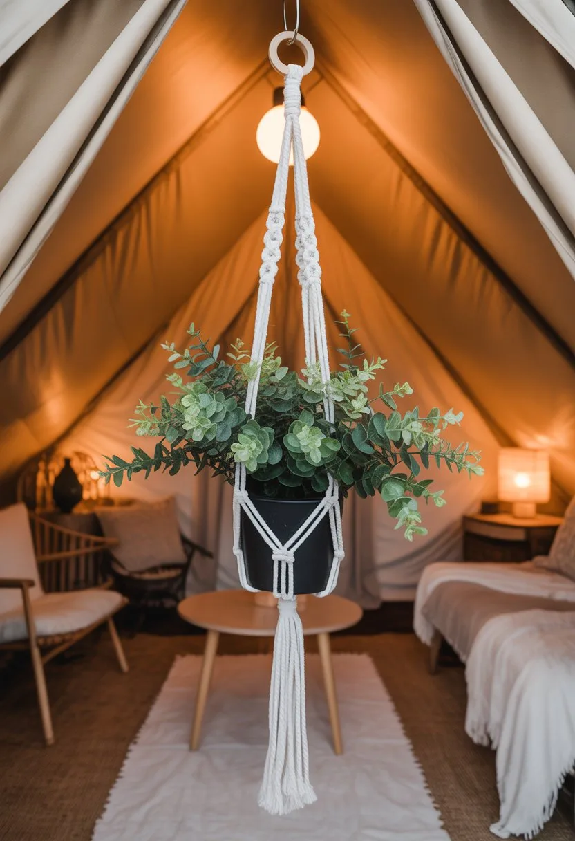 Interior of a glamping tent with a DIY macramé plant hanger holding green plants hanging from the ceiling, surrounded by cozy seating and rustic decor.