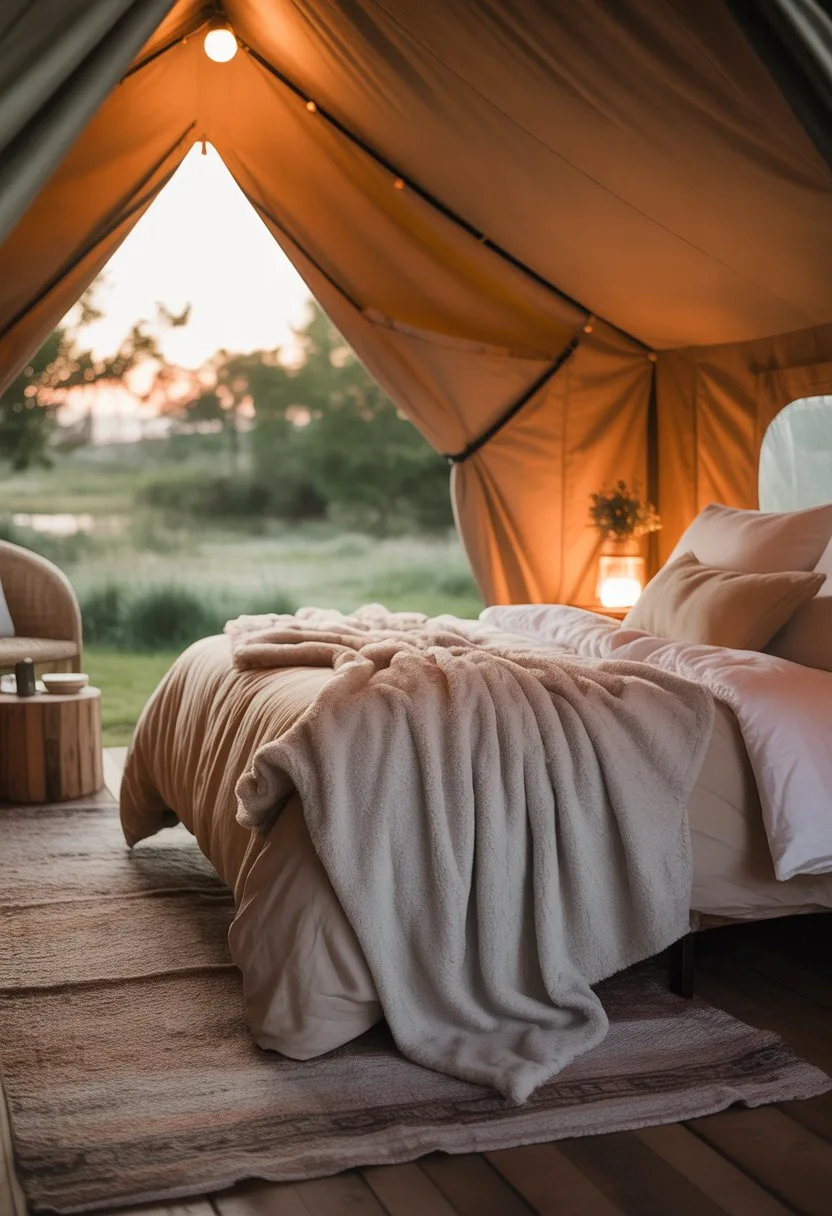 Interior of a cozy glamping tent with a soft throw blanket on a bed and warm lighting, surrounded by natural outdoor scenery.
