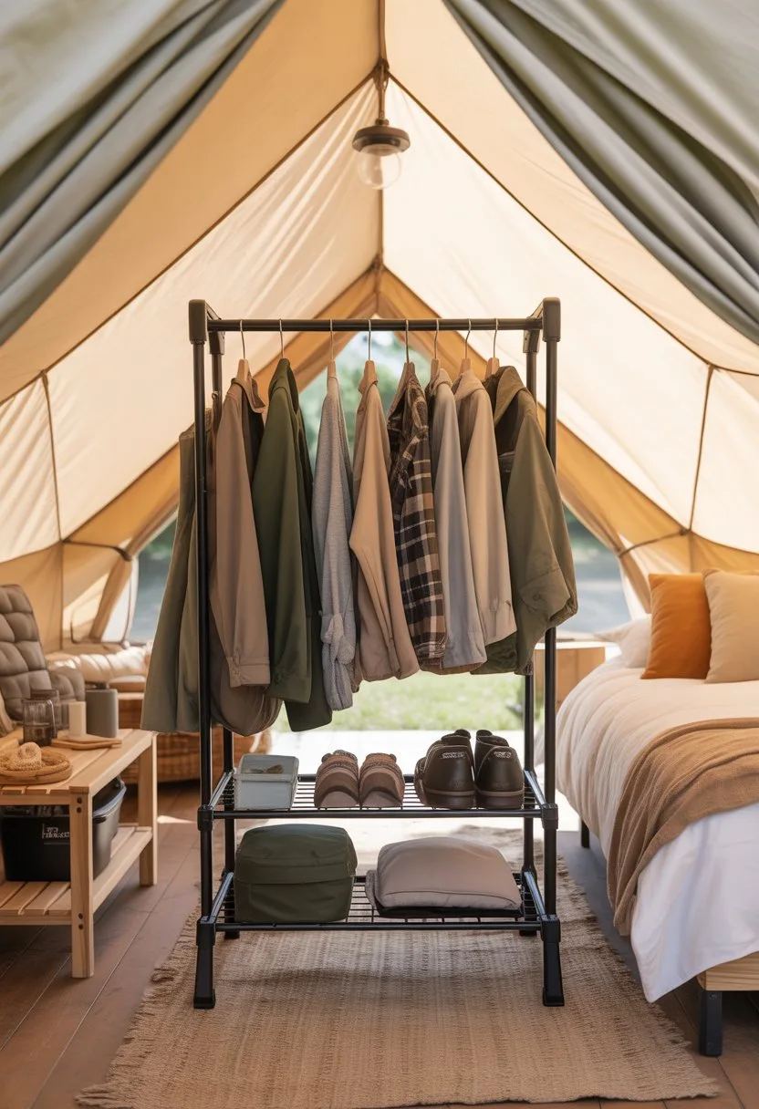 Interior of a glamping tent with a collapsible clothes rack holding outdoor gear and clothing, surrounded by cozy bedding and camping equipment.