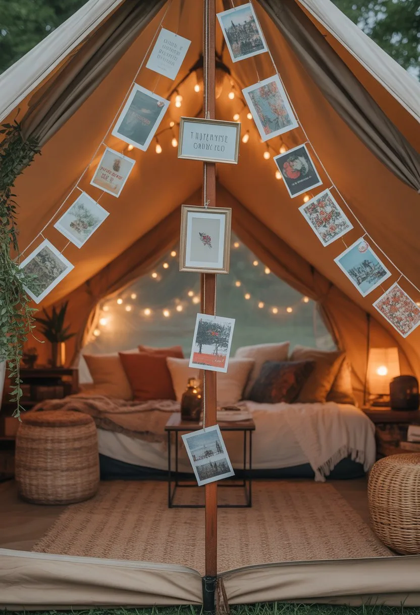 Interior of a glamping tent decorated with small framed prints and postcards attached to the tent poles, featuring cozy bedding and warm lighting.
