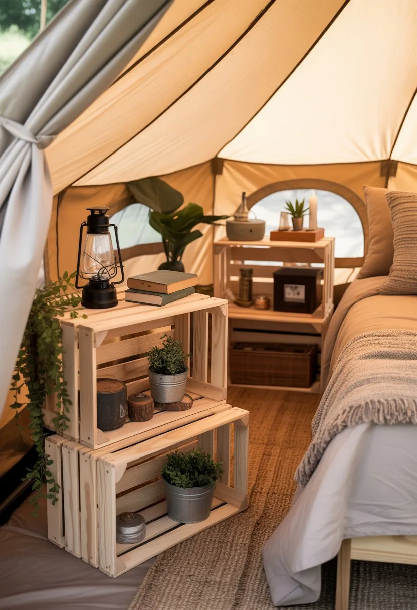Interior of a glamping tent with natural wood crates used as shelves and tables, displaying camping items and decor next to a bed.