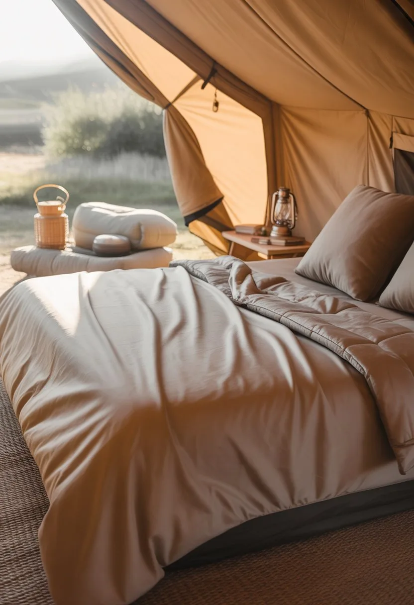 Interior of a glamping tent with a neatly made bed featuring soft microfiber sheets, pillows, and camping accessories inside a well-lit tent.