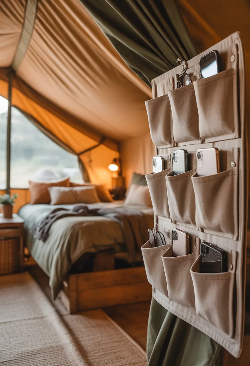 Interior of a glamping tent with small fabric pockets hanging on the wall holding phones and glasses.