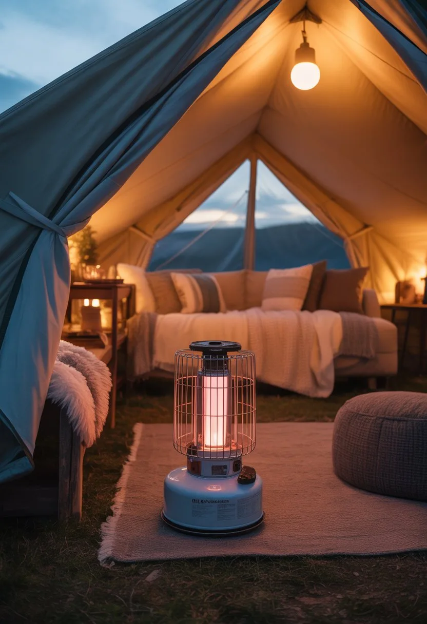 Interior of a glamping tent with a portable propane heater glowing warmly, surrounded by blankets and cushions.