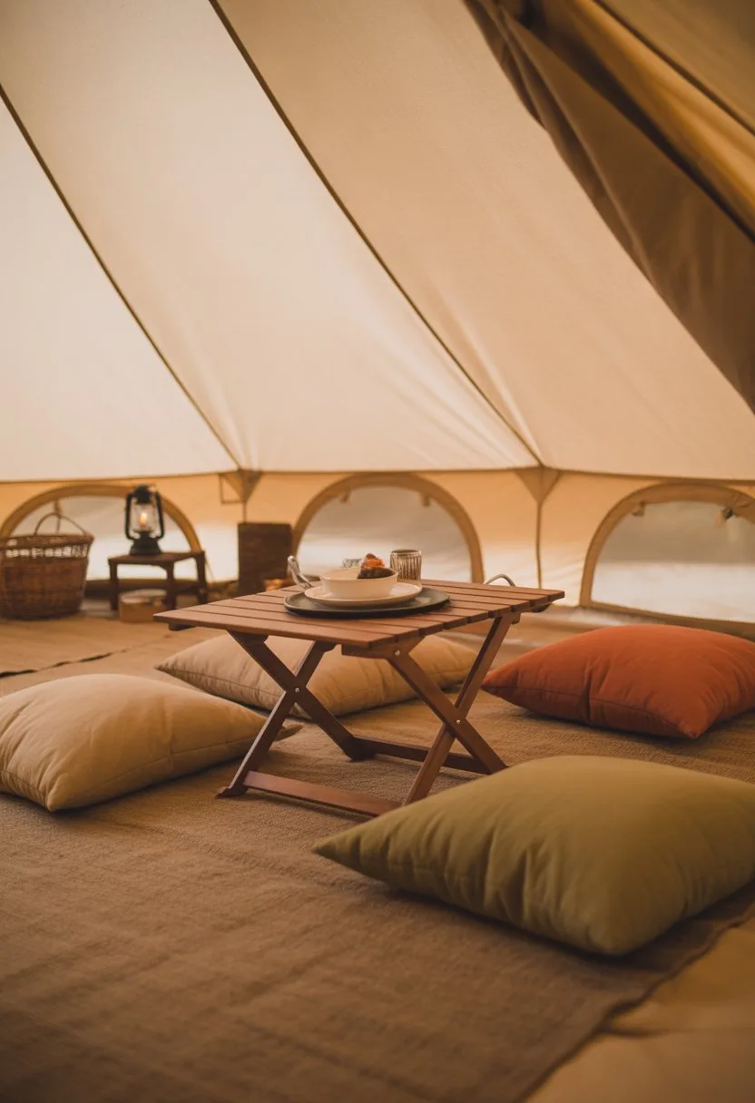 A small dining area inside a glamping tent with a folding table and cushy floor pillows arranged around it.