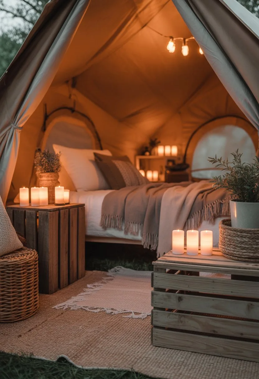 Interior of a cozy glamping tent with a comfortable bed, warm lighting from battery-operated candles, wooden furniture, and natural decorative elements.