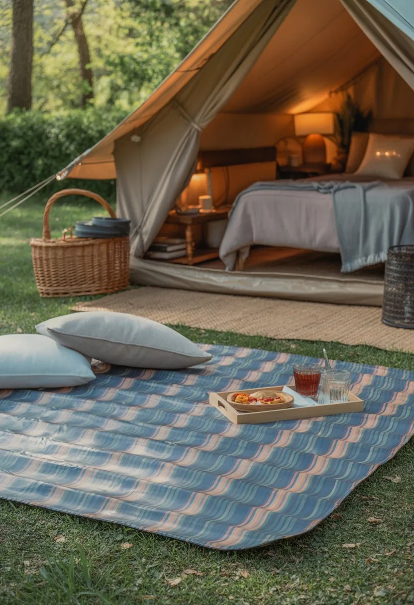 A picnic blanket laid out on grass in front of a glamping tent with cushions and outdoor accessories.