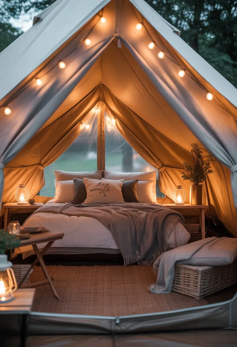 Interior of a glamping tent with fairy lights lining the entrance and cozy bedding inside.