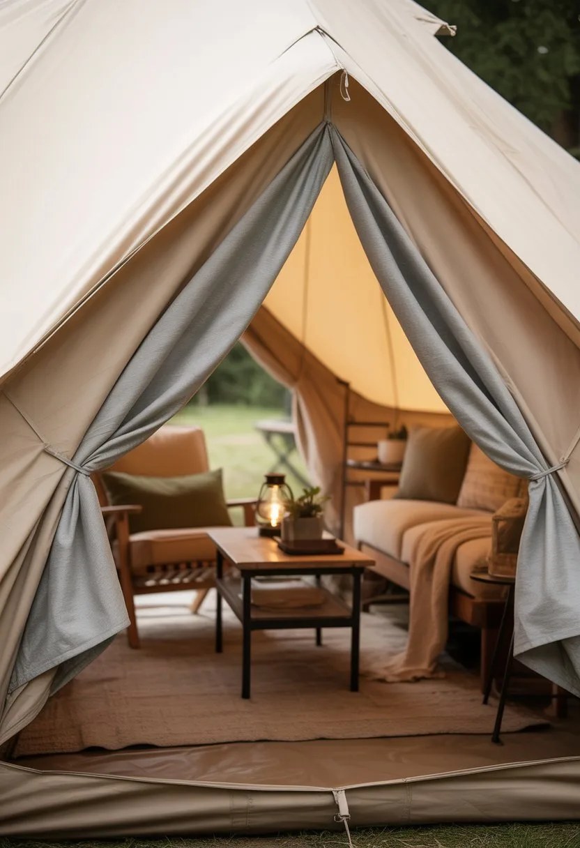 Interior of a glamping tent with a light fabric curtain hanging at the entrance, showing cozy furniture and natural outdoor scenery beyond.