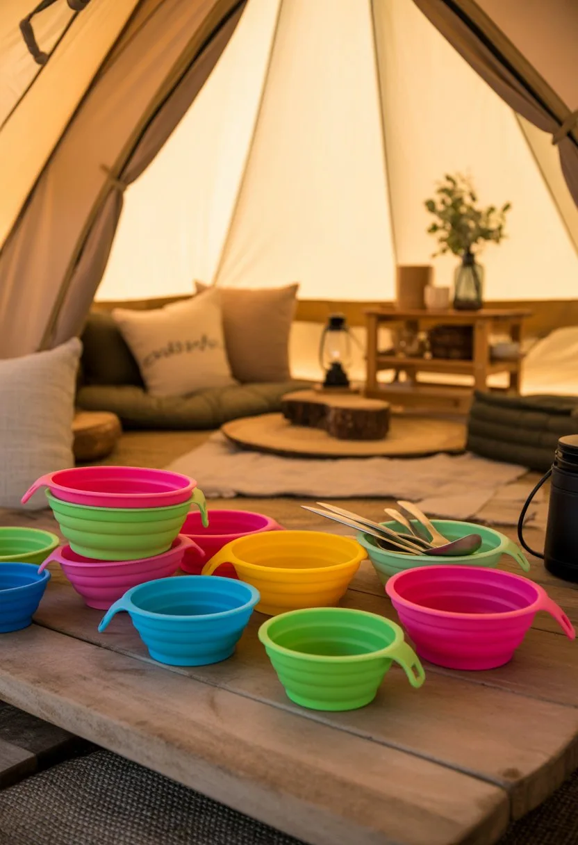 A cozy glamping tent interior with collapsible silicone bowls and plates arranged on a wooden table, surrounded by camping gear and soft natural light.