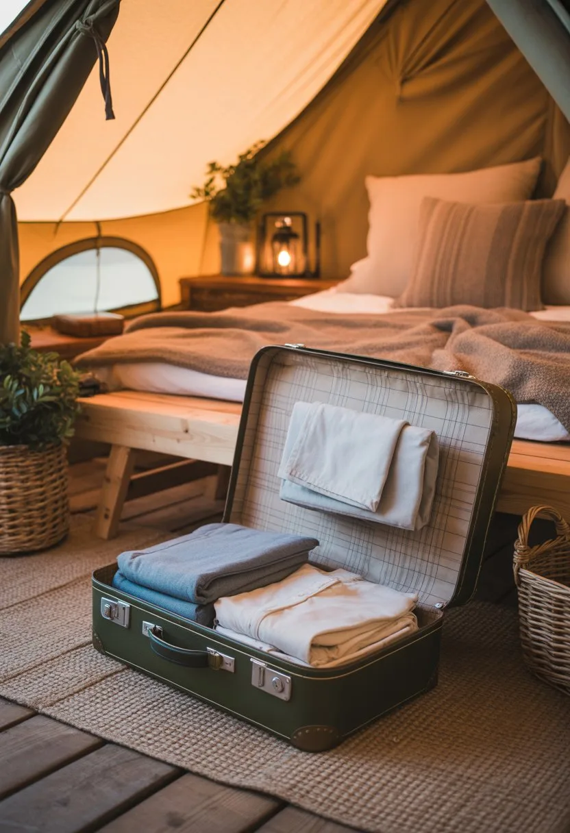 Interior of a glamping tent with a vintage suitcase used for storing clothes, surrounded by blankets, pillows, and rustic decor.