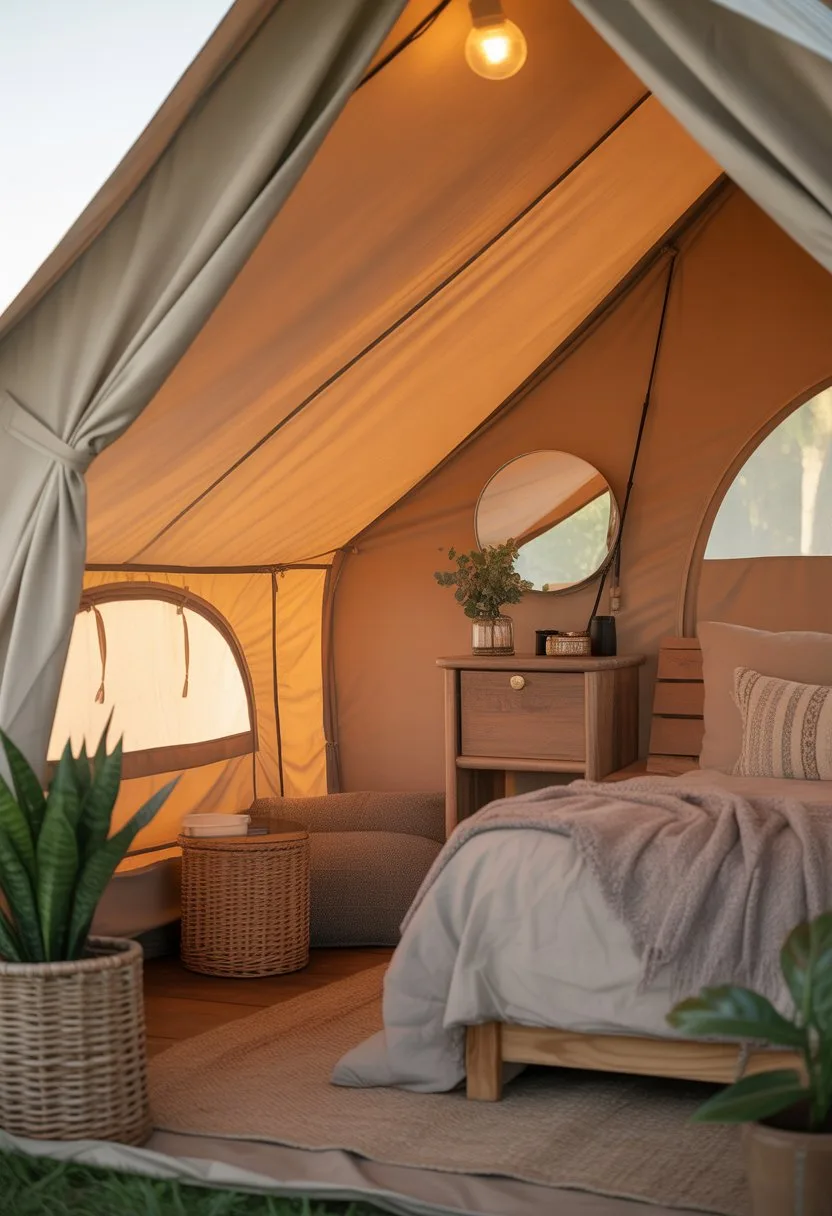 Interior of a cozy glamping tent with a small mirror on the inside wall and a comfortable bed with pillows and blankets.