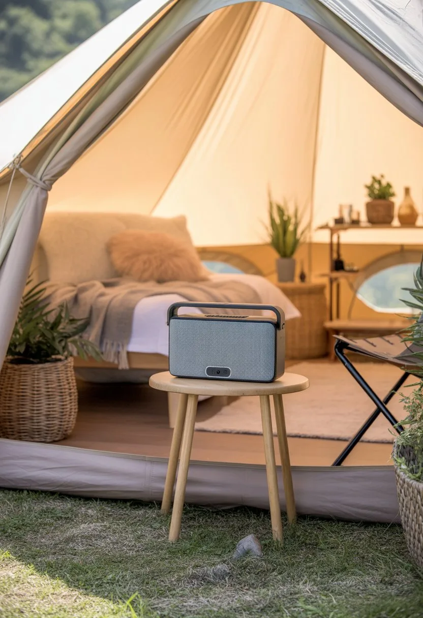Interior of a cozy glamping tent with a portable Bluetooth speaker on a wooden table, comfortable bedding, and natural decor elements.