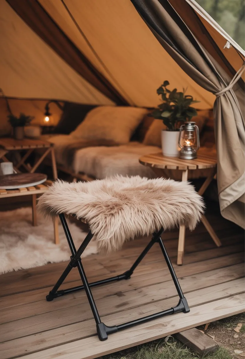 Interior of a glamping tent with a folding camping stool covered in faux fur, surrounded by camping gear and cozy decorations.