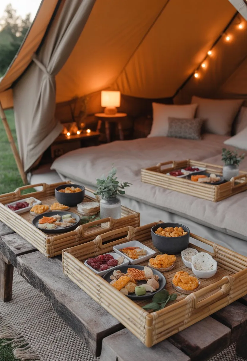 A cozy glamping tent interior with bamboo and rattan trays holding snacks on a wooden surface surrounded by cushions and warm lighting.