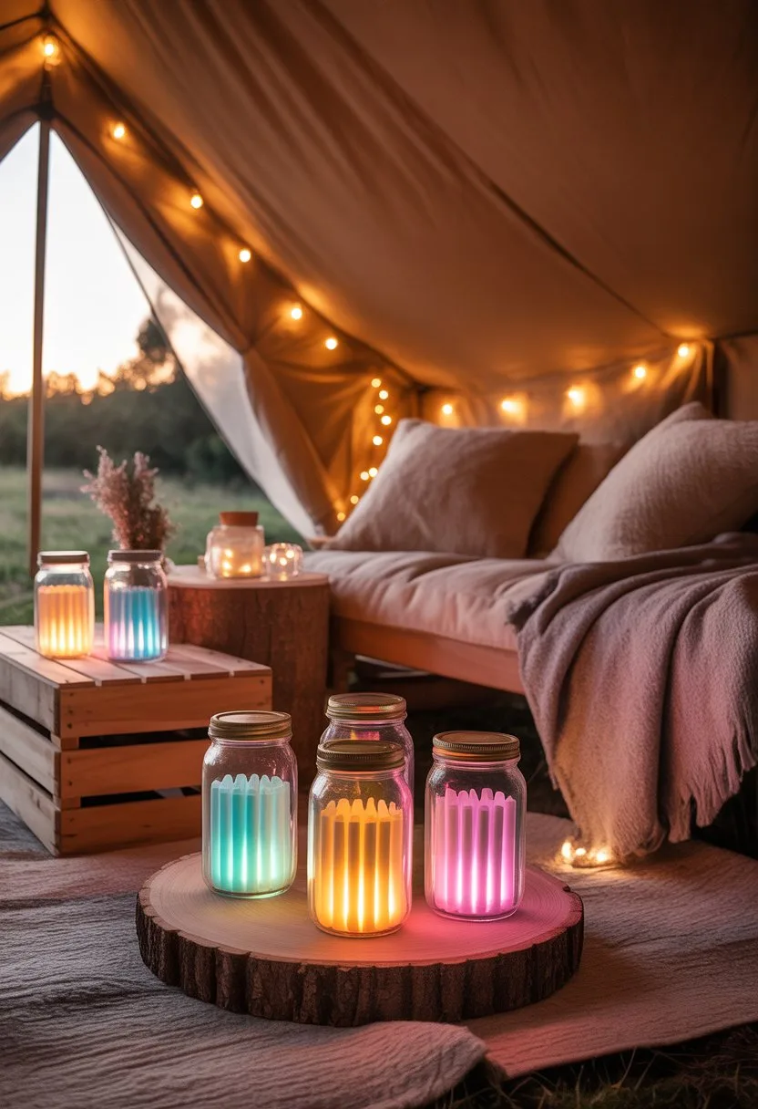 Interior of a cozy glamping tent with glowing jars made from glass jars containing colorful glow sticks, soft cushions, blankets, and warm ambient lighting.