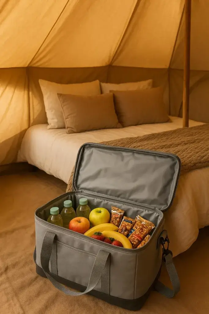 Inside a cozy glamping tent with a collapsible cooler filled with snacks and comfortable bedding.