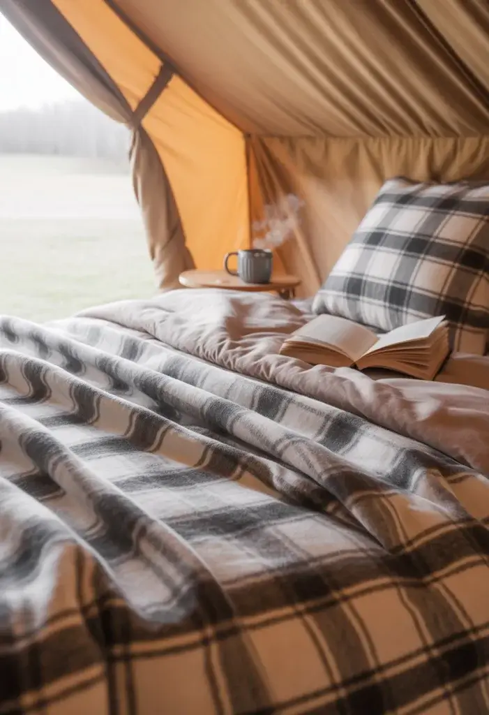 Inside a cozy glamping tent, a neatly made bed is layered with soft, plaid or solid-colored flannel sheets. The flannel bedding looks inviting and plush, with gentle folds and a slightly fuzzy texture that suggests warmth without bulk. A lightweight blanket or quilt is draped casually at the foot of the bed. Soft, natural light filters into the tent, highlighting the cozy, relaxed atmosphere. Nearby, there might be a small bedside table with a mug of tea or a book, completing the scene of comfort and warmth. The overall vibe is snug, welcoming, and effortlessly stylish—showing how flannel sheets can create a dreamy, restful retreat inside a tent.